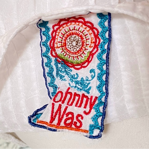 JOHNNY WAS White floral print embroidered eyelet lace v-neck button up top - Picture 6 of 9